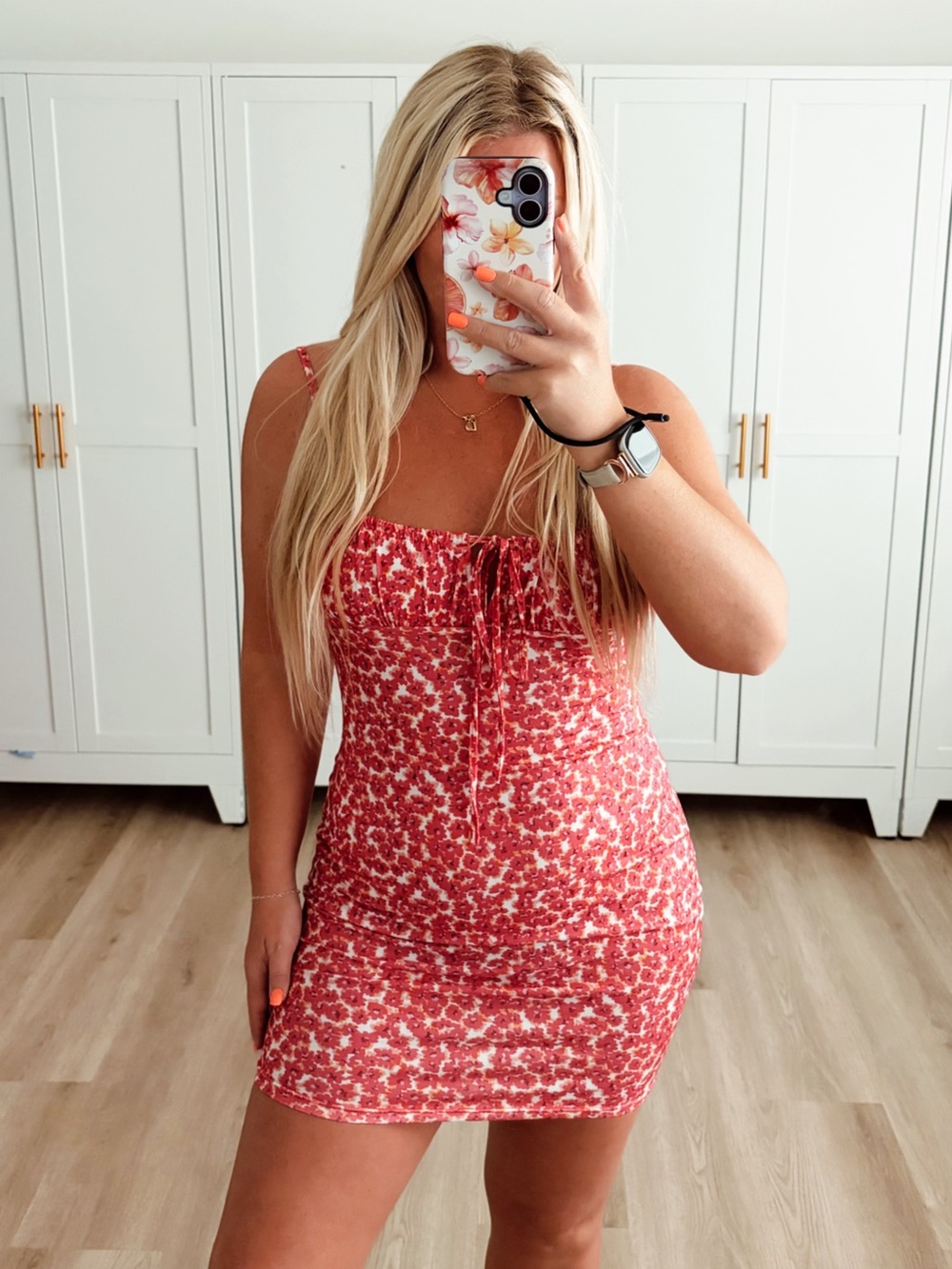 Pink orange and white floral body con mini dress